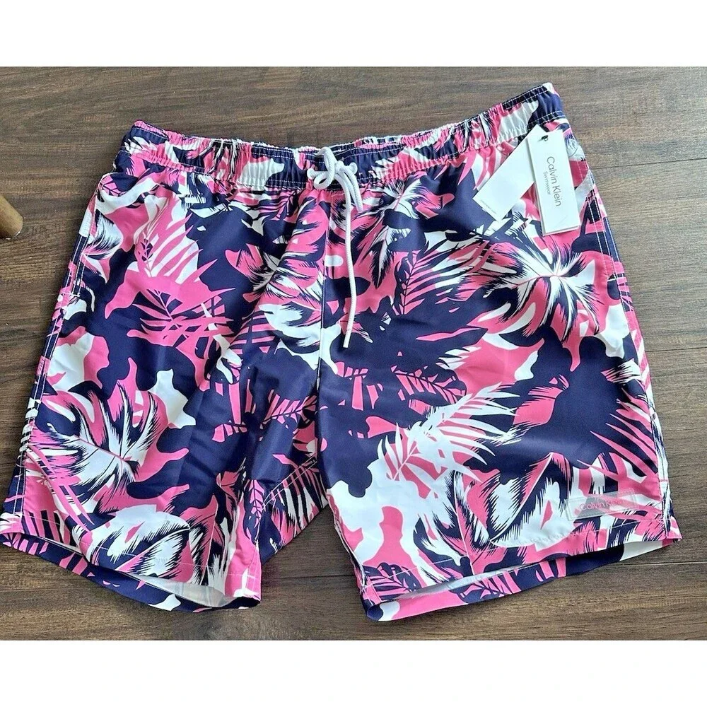 Calvin Klein Men's Quick-Dry UPF 50+ Island Camo Swim Trunks Navy tropical XXL